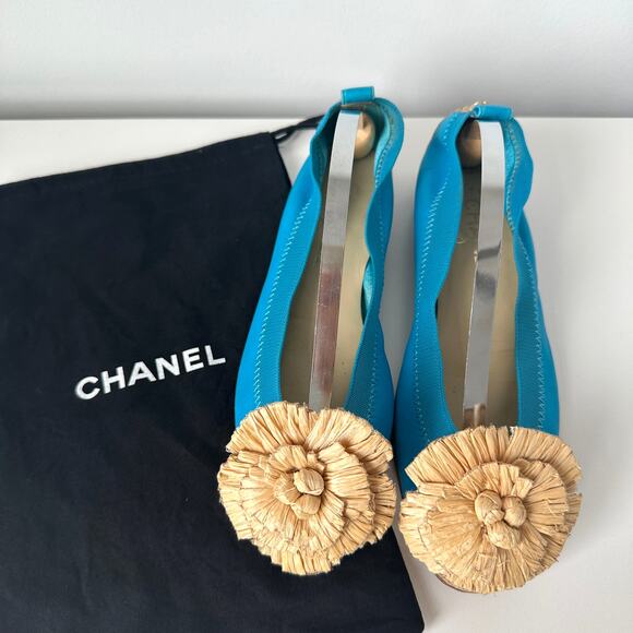 CHANEL Camellia Turquoise Leather Cork Cap Toe CC Logo Ballet Flats IT 37.5 C - Picture 2 of 16